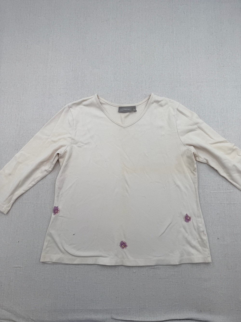 Soft Cream V-Neck Women's Top with Subtle Purple Embroidery